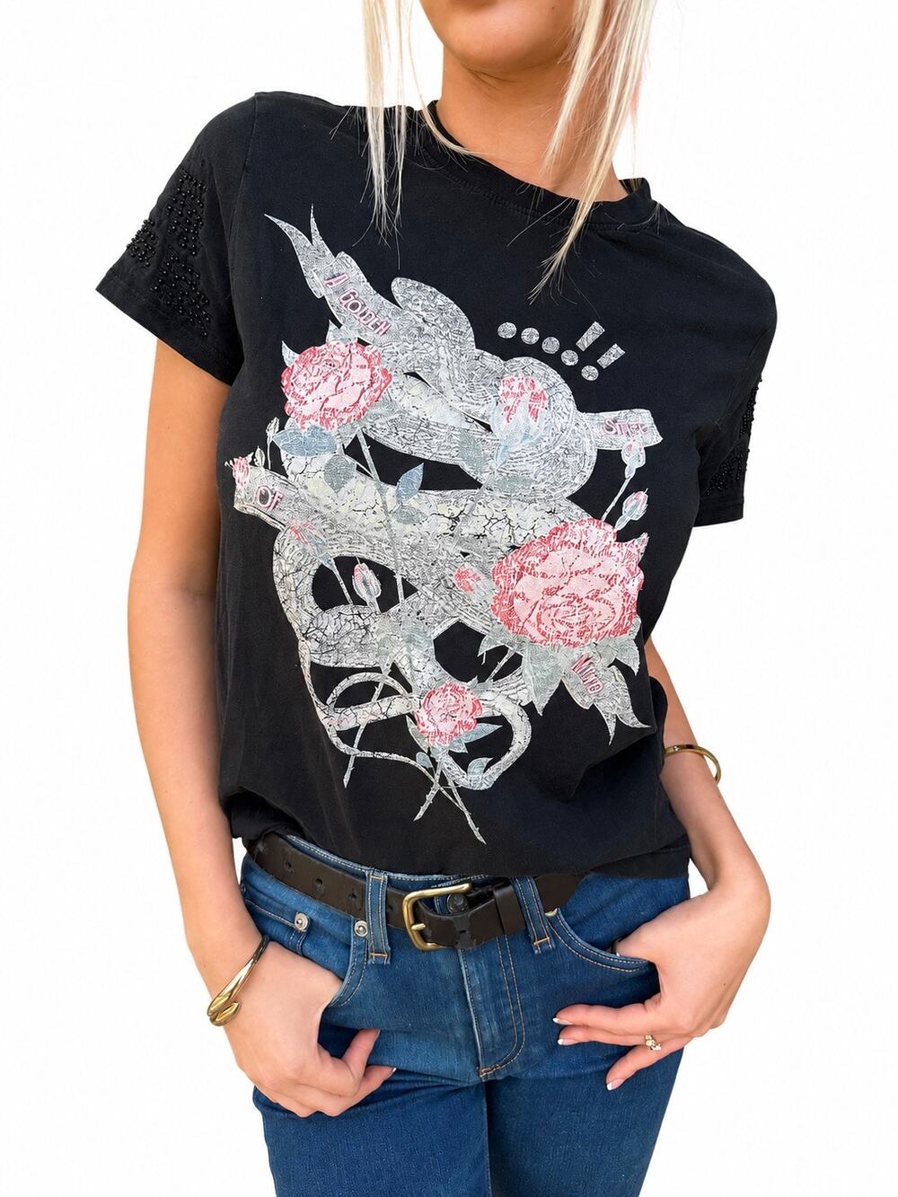 Desigual Black Graphic Rose Embellished T-Shirt